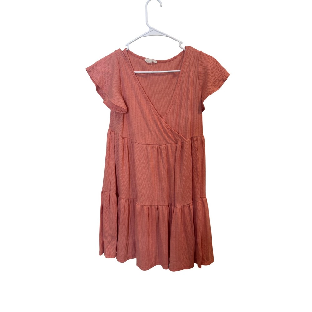 See You Monday Dress Womens Large Pink Ribbed Knit Tiered Babydoll V Neck Mini